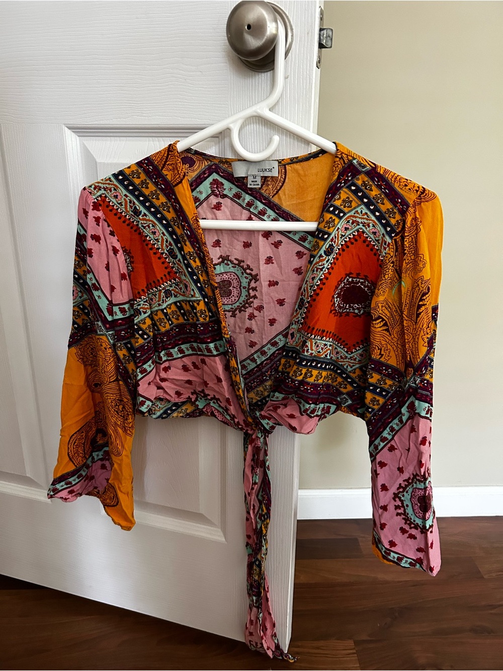 Lulu's Pink & Mustard Boho Tie-Front Crop Top